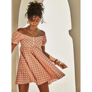 Caroline Constas Dina Mini Dress Polka Dot Short Sleeve Button Front Sand Large